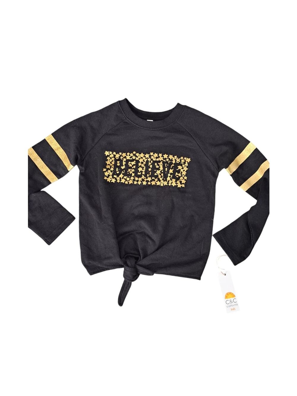 NWT C&C California Girls Black Gold Glitter  Believe Sweatshirt Size S 6/6X